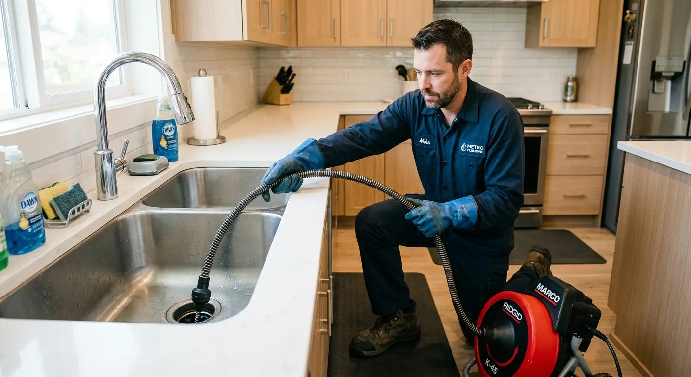 Drain cleaning technician using a motorized snake on a kitchen sink in Watsonville