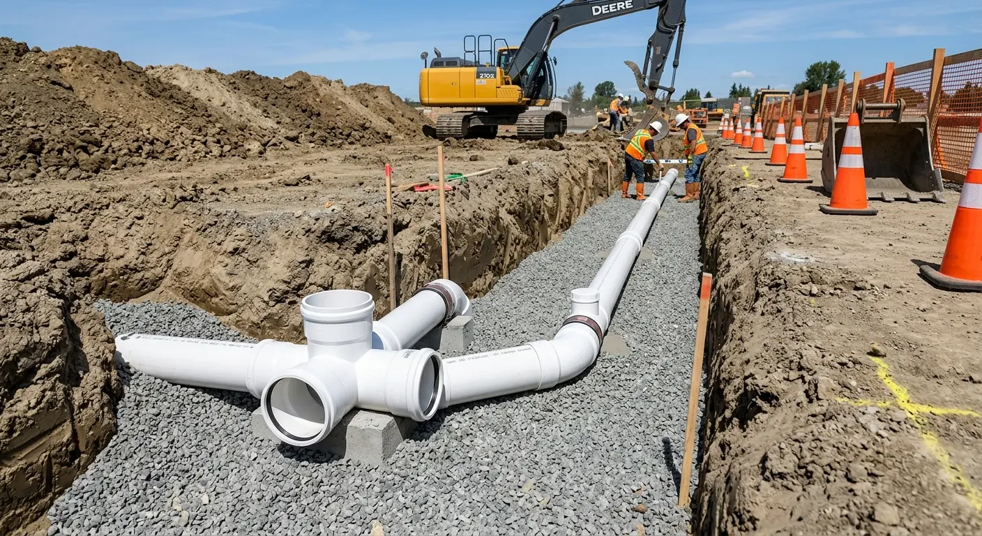 New PVC sewer pipe installation in open trench for Commercial Drain Cleaning in Watsonville