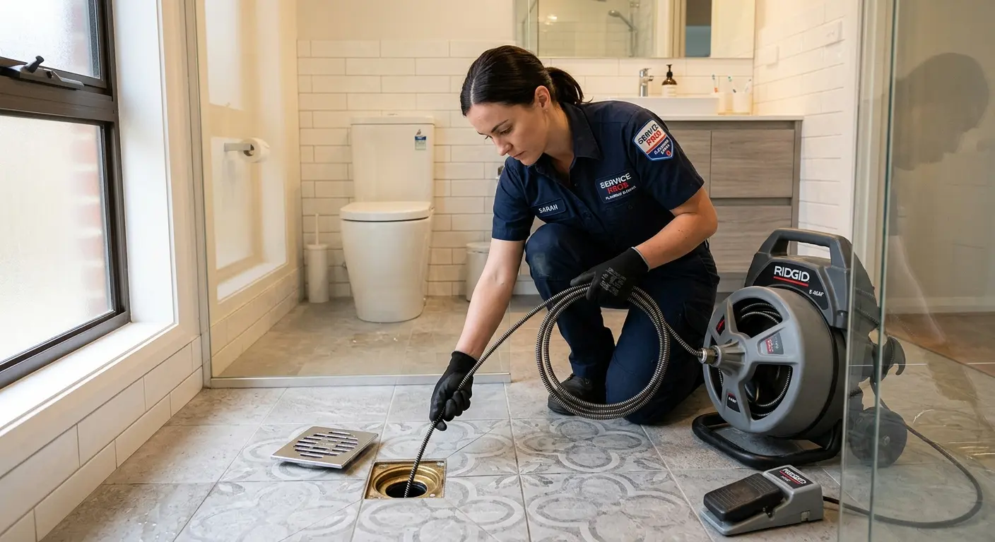 Technician clearing a bathroom floor drain for Hydro Jetting in Watsonville